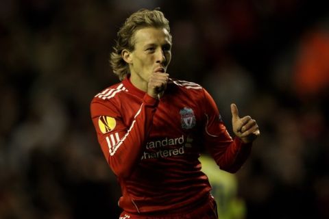 LIVERPOOL, ENGLAND - SEPTEMBER 16 : Lucas of Liverpool celebrates scoring his team's third goal during the UEFA Europa League Group K match beteween Liverpool and Steaua Bucharest at Anfield on September 16, 2010 in Liverpool, England.  (Photo by Alex Livesey/Getty Images)