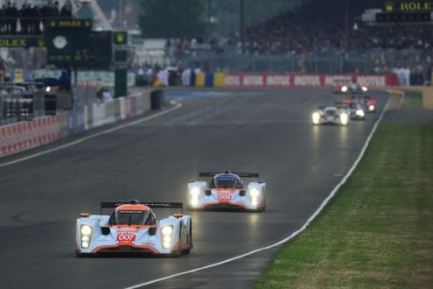 LE MANS, SARTHE - JUNE 12:  Adrian Fernandez of Mexico in the 007 Aston Martin Racing leads Darren Turner of England in the 009 Aston Martin Lola during the 78th running of the Le Mans 24 Hour race at the Circuit des 24 Heures du Mans on June 12,  2010 in Le Mans, France  (Photo by Rick Dole/Getty Images)