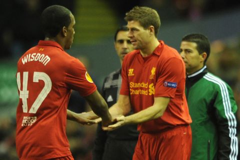 LIVERPOOL, ENGLAND - NOVEMBER 22:  Steven Gerrard of Liverpool comes on as a substitute for Andre Wisdom during the UEFA Europa League Group A match between Liverpool FC and BSC Young Boys at Anfield on November 22, 2012 in Liverpool, England.  (Photo by Chris Brunskill/Getty Images)