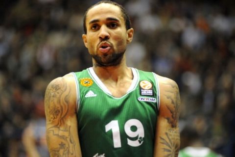 MILAN, ITALY - FEBRUARY 27: Zach Wright, #19 of Panathinaikos Athen during the 2013-2014 Turkish Airlines Euroleague Top 16 Date 8 game between EA7 Emporio Armani Milan v Panathinaikos Athens at Mediolanum Forum on February 27, 2014 in Milan, Italy.  (Photo by Roberto Finizio/EB via Getty Images)