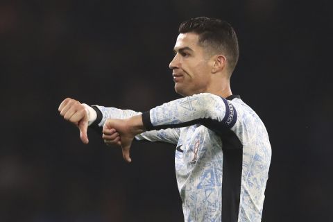 Portugal's Cristiano Ronaldo reacts during the UEFA Nations League soccer match between Scotland and Portugal at Hampden Park in Glasgow, Scotland, Tuesday, Oct. 15, 2024. (AP Photo/Scott Heppell)