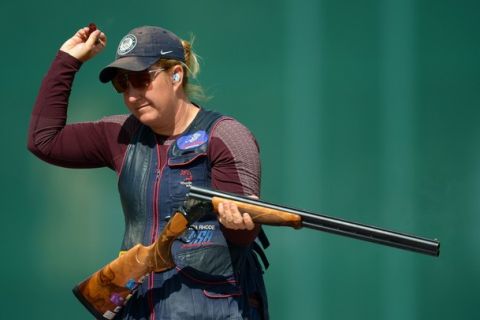 LONDON, ENGLAND - JULY 29:  Kimberly Rhode of the United States competes in the qualification round of the Women's Skeet Shooting on Day 2 of the London 2012 Olympic Games at The Royal Artillery Barracks on July 29, 2012 in London, England.  (Photo by Lars Baron/Getty Images)