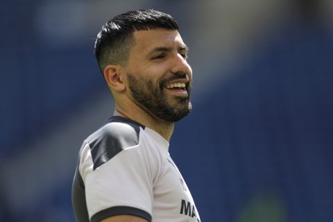 Manchester City's Sergio Aguero works out with teammates during a training session ahead of the Champions League final match at the Dragao stadium in Porto, Portugal, Friday, May 28, 2021. Manchester City and Chelsea will play the Champions League final on Saturday. (AP Photo/Manu Fernandez)