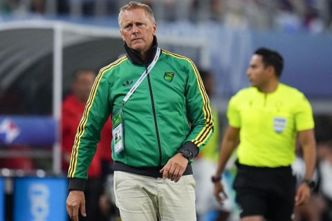 Jamaica head coach Heimir Hallgrimsson looks on during a CONCACAF Nations League third place soccer match between Jamaica and Panama, Sunday, March 24, 2024, in Arlington, Texas. Jamaica won 1-0. (AP Photo/Julio Cortez)