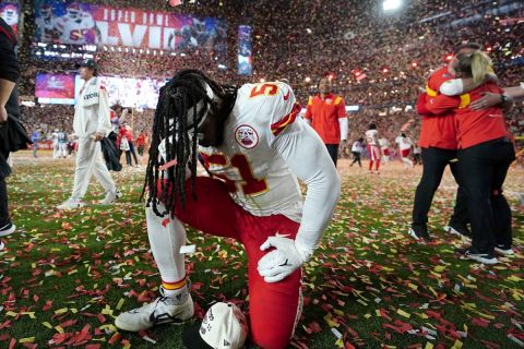 Kansas City Chiefs defensive end Mike Danna (51) prays after the NFL Super Bowl 57 football game against the Philadelphia Eagles, Sunday, Feb. 12, 2023, in Glendale, Ariz. The Chiefs defeated the Philadelphia Eagles 38-35. (AP Photo/Brynn Anderson)