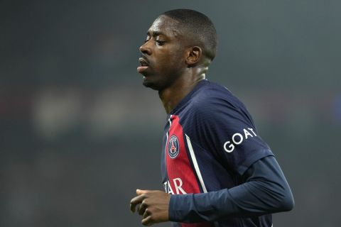 PSG's Ousmane Dembele during the Champions League semifinal second leg soccer match between Paris Saint-Germain and Borussia Dortmund at the Parc des Princes stadium in Paris, France, Tuesday, May 7, 2024. (AP Photo/Lewis Joly)