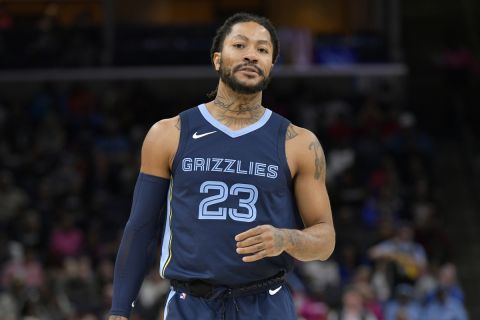 Memphis Grizzlies guard Derrick Rose (23) plays in the second half of an NBA basketball game against the Houston Rockets Wednesday, Feb. 14, 2024, in Memphis, Tenn. (AP Photo/Brandon Dill)