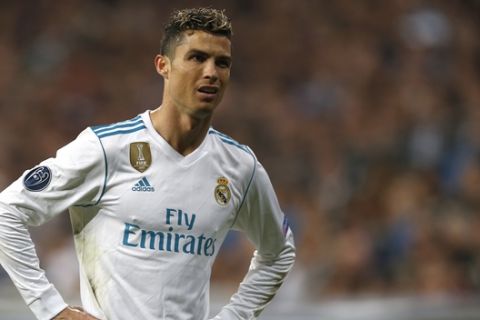 Real Madrid's Cristiano Ronaldo reacts during the Champions League semifinal second leg soccer match between Real Madrid and FC Bayern Munich at the Santiago Bernabeu stadium in Madrid, Spain, Tuesday, May 1, 2018. (AP Photo/Francisco Seco)