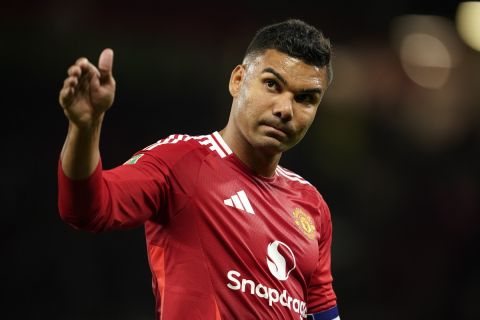 Manchester United's Casemiro reacts at halftime during the English League Cup soccer match between Manchester United and Barnsley at Old Trafford, Manchester, England, Tuesday, Sept. 17, 2024. (AP Photo/Dave Thompson)