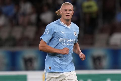 Manchester City's Erling Haaland plays during a friendly soccer match against Yokohama F Marinos in Tokyo, Japan, Sunday, July 23, 2023.(AP Photo/Shuji Kajiyama)