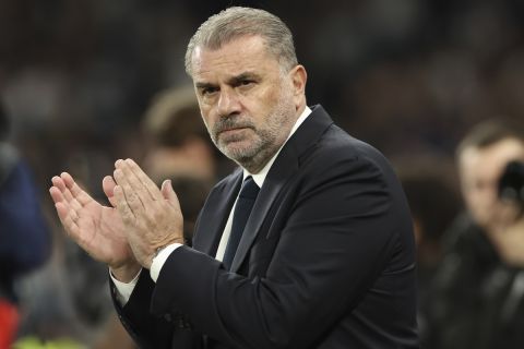 Tottenham's head coach Ange Postecoglou applauds before the Europa League opening phase soccer match between Tottenham and AZ Alkmaar at the Tottenham Hotspur Stadium in London, Thursday, Oct. 24, 2024. (AP Photo/Ian Walton)