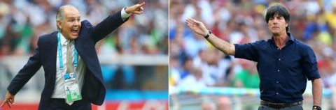 FILE PHOTO - EDITORS NOTE: COMPOSITE OF TWO IMAGES - Image Numbers 451210992 (L) and 451691596) In this composite image a comparison has been made between Head coach Alejandro Sabella of Argentina  and Head coach Joachim Loew of Germany . Germany and Argentina play each other in the 2014 FIFA World Cup Brazil Final on July 13, 2014 in the Maracana Stadium in Rio De Janeiro,Brazil. ***LEFT IMAGE*** PORTO ALEGRE, BRAZIL - JUNE 25: Head coach Alejandro Sabella of Argentina reacts during the 2014 FIFA World Cup Brazil Group F match between Nigeria and Argentina at Estadio Beira-Rio on June 25, 2014 in Porto Alegre, Brazil. (Photo by Ronald Martinez/Getty Images) ***RIGHT IMAGE*** RIO DE JANEIRO, BRAZIL - JULY 04: Head coach Joachim Loew of Germany gestures during the 2014 FIFA World Cup Brazil Quarter Final match between France and Germany at Maracana on July 4, 2014 in Rio de Janeiro, Brazil. (Photo by Martin Rose/Getty Images)