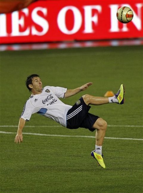 Argentina's Lionel Messi practices ahead of Friday's soccer friendly against Venezuela in Kolkata, India, Thursday, Sept.1, 2011. Messi's presence in the Argentina squad for Friday's game has created strong interest among locals, with a sellout expected at the 100,000-capacity Salt Lake Stadium in Kolkata. (AP Photo/Saurabh Das)