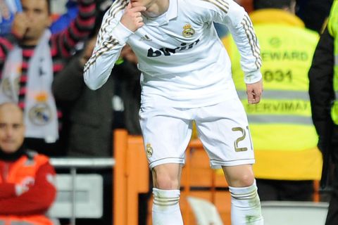 Real Madrid's forward Jose Callejon celebrates after scoring against Ponferradina's  during the Spanish King's Cup football match Real Madrid CF vs Ponferradina on December 20, 2011 at the Santiago Bernabeu stadium in Madrid.    AFP PHOTO/ DANI POZO (Photo credit should read DANI POZO/AFP/Getty Images)