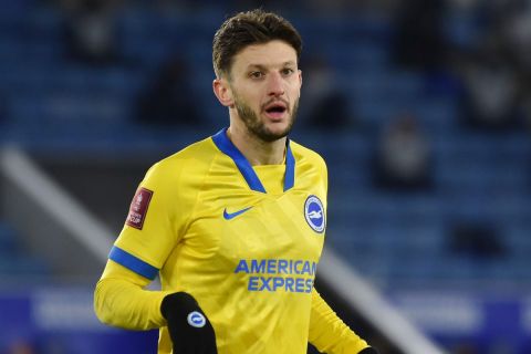 Brighton's Adam Lallana during the English FA Cup fifth round soccer match between Leicester City and Brighton & Hove Albion at the King Power Stadium in Leicester, England, Wednesday, Feb. 10, 2021. (AP Photo/Rui Vieira)