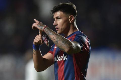 Adam Bareiro of Argentina's San Lorenzo celebrates after scoring the second goal for his side, during a Copa Sudamericana second leg play-off soccer match against Colombia's Independiente Medellin at Pedro Bidegain stadium in Buenos Aires, Argentina, Wednesday, July 19, 2023. (AP Photo/Gustavo Garello)