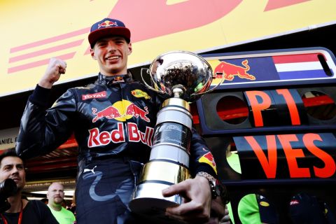 MONTMELO, SPAIN - MAY 15:  Max Verstappen of Netherlands and Red Bull Racing celebrates his win with his trophy during the Spanish Formula One Grand Prix at Circuit de Catalunya on May 15, 2016 in Montmelo, Spain.  (Photo by Mark Thompson/Getty Images)