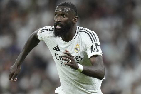 Real Madrid's Antonio Rudiger during the La Liga soccer match between Real Madrid and Villareal in Madrid, Spain, on Saturday, Oct. 5, 2024. (AP Photo/Bernat Armangue)