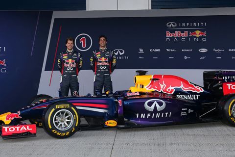 Daniel Ricciardo (AUS) Red Bull Racing and Sebastian Vettel (GER) Red Bull Racing unveil the Red Bull Racing RB10.
Formula One Testing Day One, Jerez, Spain, Tuesday 28 January 2014.