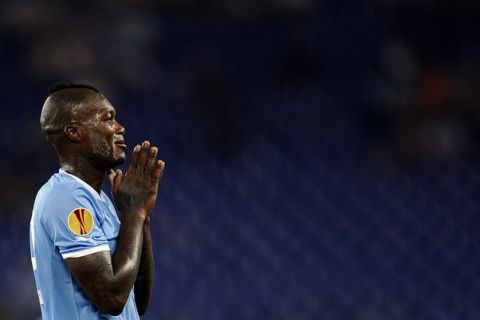 Lazio's forward Djibril Cisse reacts against Vaslui during their Group Stage Uefa Europa League football match in Rome's Olimpic Stadium on September 15, 2011. AFP PHOTO / Filippo MONTEFORTE (Photo credit should read FILIPPO MONTEFORTE/AFP/Getty Images)