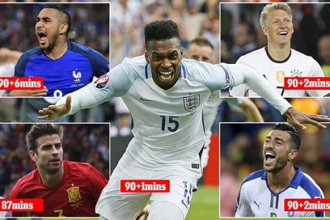 England's Daniel Sturridge, front, celebrates after scoring his sideís second goal during the Euro 2016 Group B soccer match between England and Wales at the Bollaert stadium in Lens, France, Thursday, June 16, 2016.  (AP Photo/Kirsty Wigglesworth)