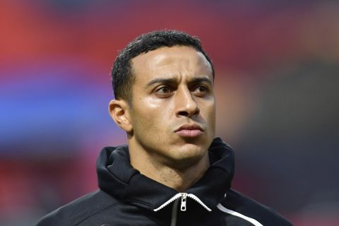 Spain's Thiago Alcantara stands before the Euro 2020 group F qualifying soccer match between Spain and Faroe Islands at the Molinon stadium in Gijon, Spain, Sunday, Sept. 8, 2019. (AP Photo/Alvaro Barrientos)