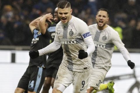 Inter Milan's Mauro Icardi celebrates after scoring his side's opening goal during an Italian Cup quarterfinal soccer match between Inter Milan and Lazio at the San Siro stadium, in Milan, Italy, Thursday, Jan. 31, 2019. (AP Photo/Luca Bruno)