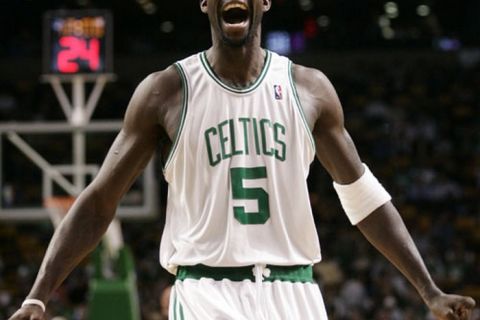 Boston Celtics forward Kevin Garnett (5) gets fired up at the start of the game against the Utah Jazz at TD Banknorth Garden in Boston, Massachusetts on December 15, 2008.  The Celtics defeated the Jazz 100-91. (UPI Photo/Matthew Healey) (Newscom TagID: upiphotos902161)     [Photo via Newscom]