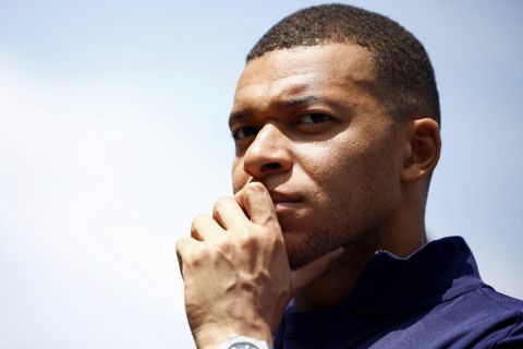 French soccer player Kylian Mbappe gestures at the national soccer team training center in Clairefontaine, west of Paris, Monday, June 3, 2024 ahead of the UEFA Euro 2024. (Sarah Meyssonnier/Pool Photo via AP)