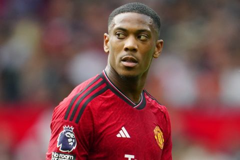 Manchester United's Anthony Martial during the English Premier League soccer match between Manchester United and Nottingham Forest at the Old Trafford stadium in Manchester, England, Saturday, Aug. 26, 2023. (AP Photo/Jon Super)