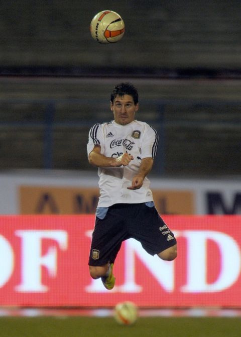 Argentine footballer Lionel Messi practises during a training session ahead of the match in Kolkata on September 01, 2011. Argentina 's football team, lead by the newly elected captain Lionel Messi, came to Kolkata to play in the first ever FIFA Friendly International Match on the Indian subcontinent against Venezuela on September 02, 2011. AFP PHOTO/Dibyangshu SARKAR (Photo credit should read DIBYANGSHU SARKAR/AFP/Getty Images)