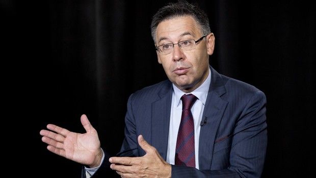 Josep Maria Bartomeu, President of Futbol Club Barcelona, discusses his team, Thursday, July 20, 2017, in New York. (AP Photo/Mark Lennihan),