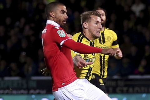 Nottingham Forest's Lewis Grabban scores his side's first goal of the game  during the fourth round English Football League Cup soccer match between Burton Albion and Nottingham Forest,  at the Pirelli Stadium, in Burton, England, Tuesday, Oct. 30, 2018. (Nigel French/PA via AP)