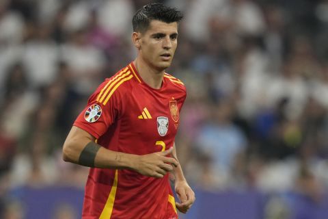 Spain's Alvaro Morata runs during a semifinal match between Spain and France at the Euro 2024 soccer tournament in Munich, Germany, Tuesday, July 9, 2024. (AP Photo/Antonio Calanni)