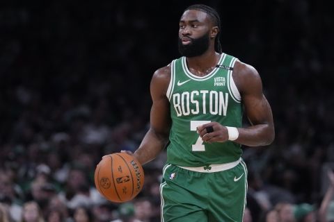 Boston Celtics guard Jaylen Brown (7) during Game 5 of the NBA Finals basketball series, Monday, June 17, 2024, in Boston. (AP Photo/Charles Krupa, Pool)