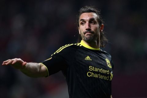 BRAGA, PORTUGAL - MARCH 10:  Sotiris Kyrgiakos of Liverpool looks on during the UEFA Europa League round of 16 first leg match between Braga and Liverpool at Estadio Municipal de Braga on March 10, 2011 in Braga, Portugal.  (Photo by Julian Finney/Getty Images)