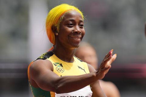 Shelly-Ann Fraser-Pryce, of Jamaica, reacts after winning her heat of the women's 200-meters at the 2020 Summer Olympics, Monday, Aug. 2, 2021, in Tokyo. (AP Photo/Petr David Josek)