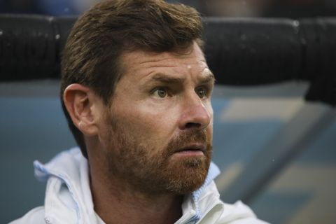 Marseille's head coach Andre Villas-Boas prior the French League One soccer match between Marseille and Montpellier at the Velodrome stadium in Marseille, southern France, Saturday, Sept. 21, 2019. (AP Photo/Daniel Cole)