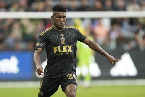 Los Angeles FC midfielder Jose Cifuentes controls the ball during the second half of an MLS soccer match against the Portland Timbers Saturday, March 4, 2023, in Los Angeles. (AP Photo/Jae C. Hong)