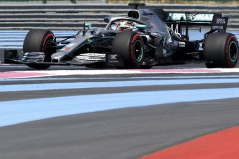 Mercedes driver Lewis Hamilton of Britain steers his car during the first free practice at the Paul Ricard racetrack in Le Castellet, southern France, Friday, June 21, 2019. The French Formula One Grand Prix will be held on Sunday. (AP Photo/Claude Paris)