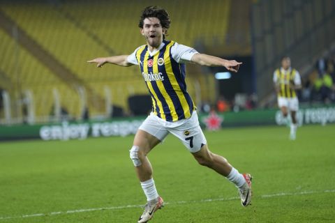 Fenerbahce's Ferdi Kadioglu celebrates after scoring the opening goal during the Europa Conference League group H soccer match between Fenerbahce and Spartak Trnava at Sukru Saracoglu stadium in Istanbul, Turkey, Thursday, Dec. 14, 2023. (AP Photo/Francisco Seco)