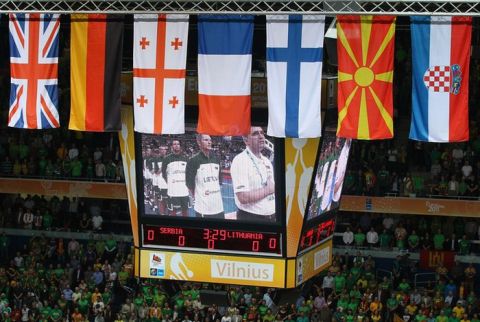 VILNIUS, LITHUANIA - SEPTEMBER 07: Flags are seen during the EuroBasket 2011 second round group A match between Serbia and Lithuania at Siemens Arena on September 7, 2011 in Vilnius, Lithuania. (Photo by Christof Koepsel/Bongarts/Getty Images)