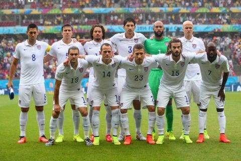 RECIFE, BRAZIL - JUNE 26:  The United States pose for a team photo prior to the 2014 FIFA World Cup Brazil group G match between the United States and Germany at Arena Pernambuco on June 26, 2014 in Recife, Brazil.  (Photo by Michael Steele/Getty Images)