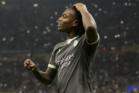 AC Milan's Rafael Leao leaves the pitch during the Champions League opening phase soccer match between AC Milan and Club Brugge at the San Siro stadium in Milan, Italy, Tuesday, Oct. 22, 2024. (AP Photo/Antonio Calani)