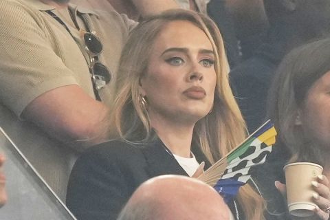 English singer Adele on the stands waits for the start of a semifinal match between the Netherlands and England at the Euro 2024 soccer tournament in Dortmund, Germany, Wednesday, July 10, 2024. (AP Photo/Martin Meissner)