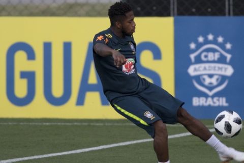 Brazil's Fred controls the ball during a practice session of the Brazilian national soccer team ahead the World Cup in Russia, at the Granja Comary training center In Teresopolis, Brazil, Friday, May 25, 2018. (AP Photo/Leo Correa)