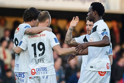 20130503 - WAREGEM, BELGIUM: Genk's Jelle Vossen and Genk's Thomas Buffel celebrate after scoring during the Jupiler Pro League match of Play-Off 1, between Zulte Waregem and RC Genk, in Waregem, Friday 03 May 2013, on the seventh day of the Play-Off 1 of the Belgian soccer championship. BELGA PHOTO LAURIE DIEFFEMBACQ