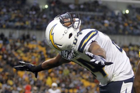 PITTSBURGH, PA - DECEMBER 9:  Danario Alexander #84 of the San Diego Chargers celebrates after catching a 15 yard touchdown pass in the fourth quarter against the Pittsburgh Steelers during the game on December 9, 2012 at Heinz Field in Pittsburgh, Pennsylvania.  The Chargers defeated the Steelers 34-24.  (Photo by Justin K. Aller/Getty Images)