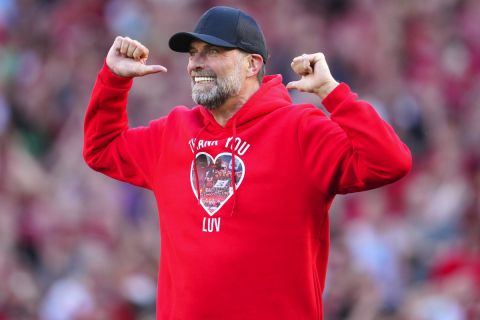 Liverpool's manager Jurgen Klopp reacts after the English Premier League soccer match between Liverpool and Wolverhampton Wanderers at Anfield Stadium in Liverpool, England, Sunday, May 19, 2024. (AP Photo/Jon Super)