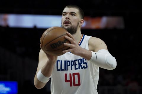 LA Clippers center Ivica Zubac (40) shoots a free throw against the Atlanta Hawks during the first half of an NBA basketball game Saturday, Jan. 28, 2023, in Atlanta. (AP Photo/John Bazemore)